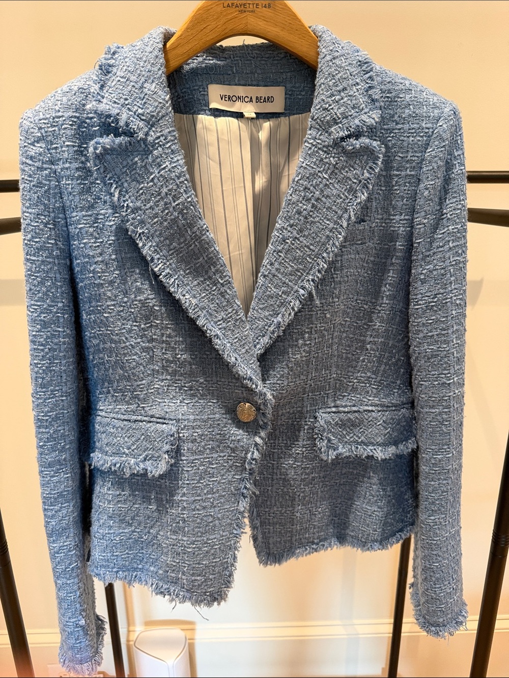 Veronica Beard Powder Blue Tweed Frayed-Trim Blazer